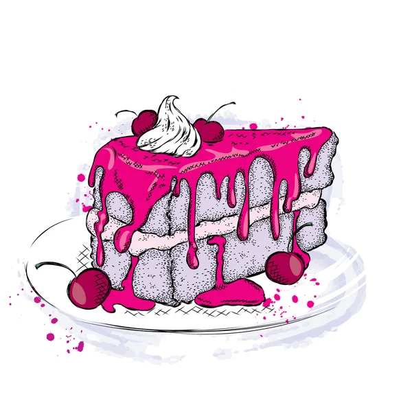 Un bel pezzo di torta con panna e ciliegia. Illustrazione vettoriale per una carta o un poster. Menù. Dolce. Disegno per la copertina di un quaderno o di un diario . — Vettoriale Stock