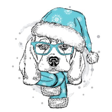 Sevimli köpek Noel şapka ve atkı. Vektör çizim. Beagle. Yeni yıl ve Noel.