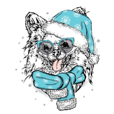 Komik köpek Noel şapkalı. Vektör çizim. Noel ve yeni yıl.