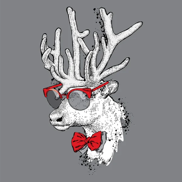 Krásný jelen s brýlemi a kravatu. Vektorové ilustrace pro kartu nebo plakát. Tisk na oblečení. Módní & styl. Divoké zvíře. — Stockový vektor