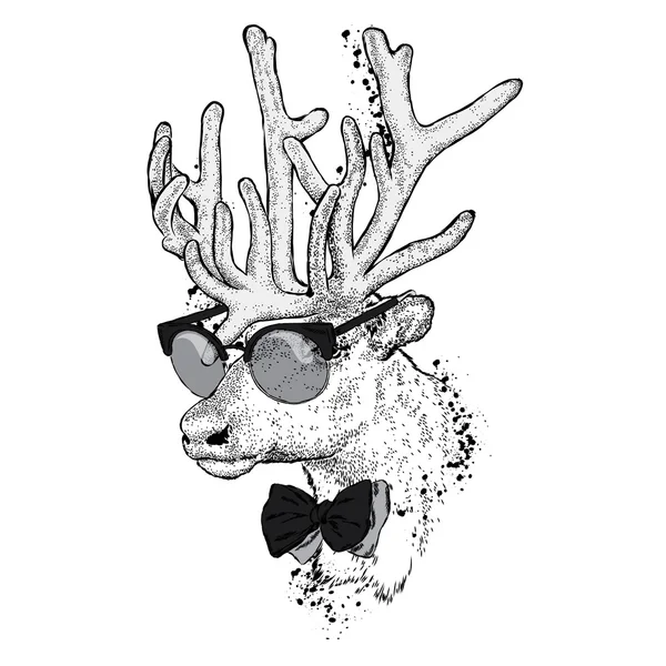 Gözlük ve kravat ile güzel geyik. Bir kartı veya poster için vektör çizim. Kıyafetlere yazdırın. Moda ve stil. Vahşi hayvan. — Stok Vektör