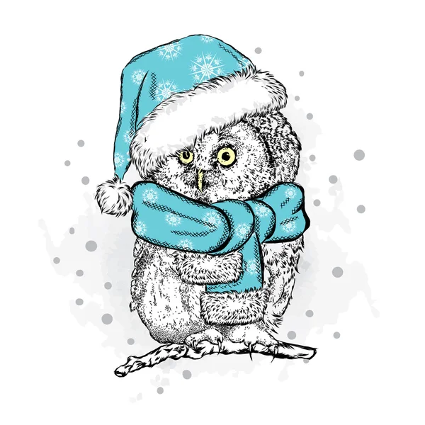 Komik baykuş Noel şapkalı. Vektör çizim. Noel ve yeni yıl. Tatlı kuş. — Stok Vektör