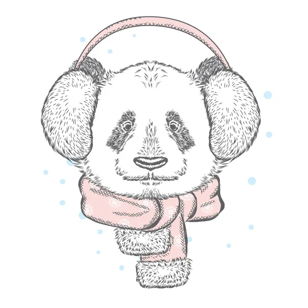 Lindo panda en el Año Nuevo con auriculares. Ilustración vectorial. Navidad y Año Nuevo . — Vector de stock