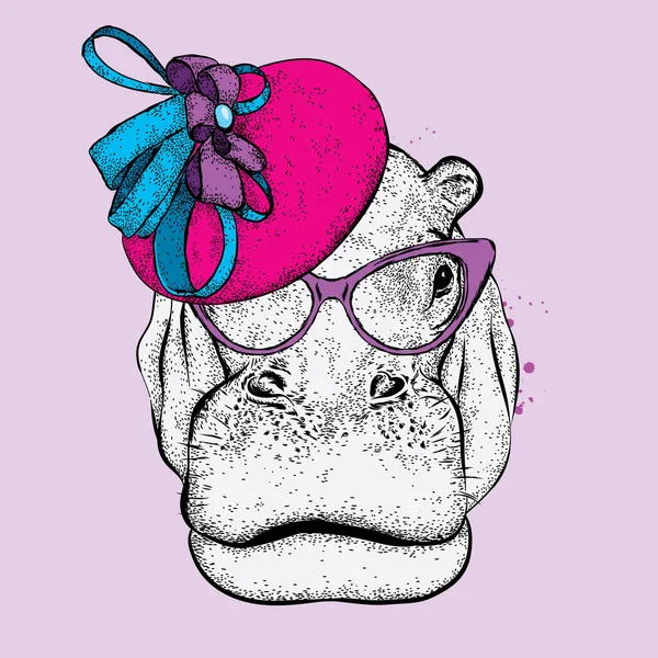 Funny hippo in a ladies' hat and sunglasses. Vector illustration for a card or poster. Print on clothes. Lady. — Stock Vector