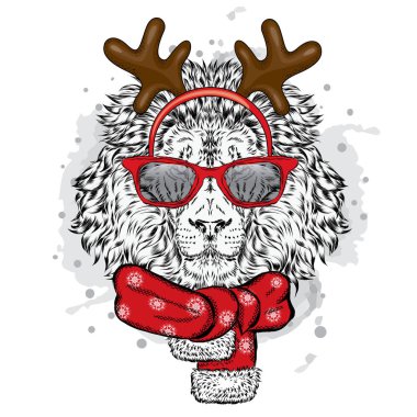 Aslan yeni yıl kostüm. Leo boynuzlu bir eşarp ve güneş gözlüğü. Bir kartı veya poster için vektör çizim. Noel ve yeni yıl.