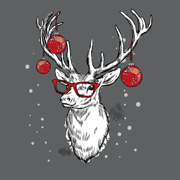 Krásný jelen s vánoční koule na brýle. Vektorové ilustrace. — Stockový vektor