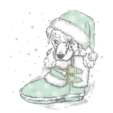 Sevimli köpek bir yılbaşı Boot. Bir kartı veya poster için vektör çizim. Safkan köpek.