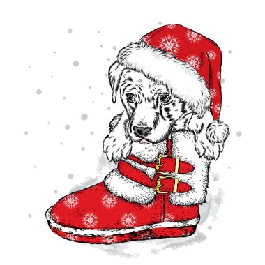 Sevimli köpek bir yılbaşı Boot. Bir kartı veya poster için vektör çizim. Safkan köpek.