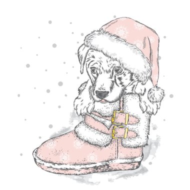 Sevimli köpek bir yılbaşı Boot. Bir kartı veya poster için vektör çizim. Safkan köpek.