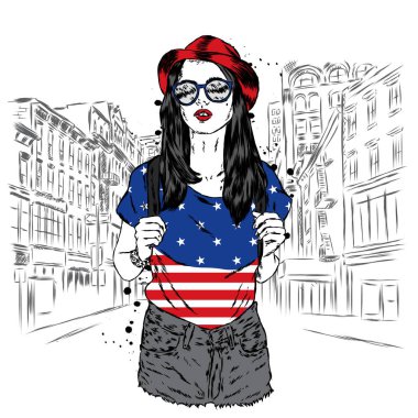 Şort ve tişört kız. Şapkalı kız. Bir kartı veya poster için vektör çizim. Kıyafetlere yazdırın. Genç kız bir yürüyüş. Moda ve stil.