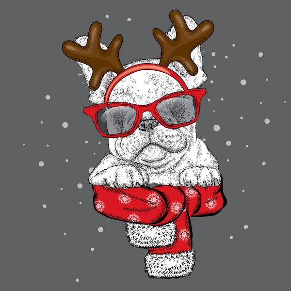 Bulldog francese in costume di Capodanno. Cagnolino nelle corna di un cervo. Illustrazione vettoriale per una carta o un poster. Capodanno e Natale . — Vettoriale Stock