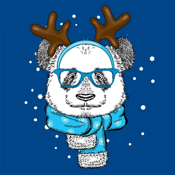 안경을 쓰고 재미 있는 팬더와 뿔. 곰 사슴 의상. 벡터 일러스트 레이 션 카드 또는 포스터에 대 한, 옷에 인쇄. 새 해와 크리스마스. — 스톡 벡터