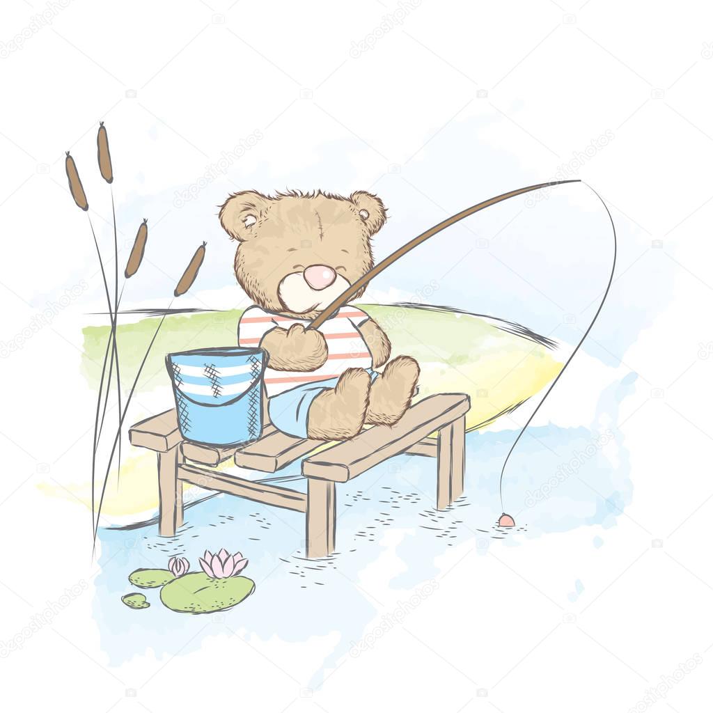 Cute teddy bear fishing. Bear with a bucket and a fishing rod. Vector  illustration for a card or poster. Print on clothes. Stock Vector by  ©VitalyGrin 130347862