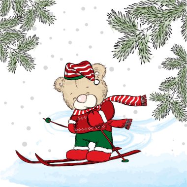 Sevimli ayı Kayak. Bir kartı veya poster için vektör çizim. Kıyafetlere yazdırın. Yeni yıl ve Noel. Sevimli ayı kış tatil.