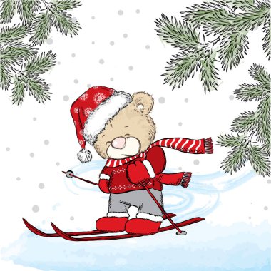 Sevimli ayı Kayak. Bir kartı veya poster için vektör çizim. Kıyafetlere yazdırın. Yeni yıl ve Noel. Sevimli ayı kış tatil.