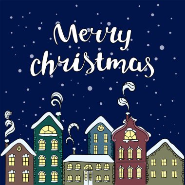 Avrupa çok renkli ev. Noel kartı. Yeni yıl ve Noel. Bir kartı veya poster için vektör çizim.