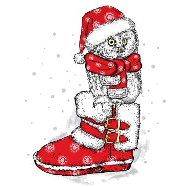 Şirin baykuş botlarla oturuyor. Bir kartı veya poster için vektör çizim. Kıyafetlere yazdırın. Yeni yıl ve Noel.