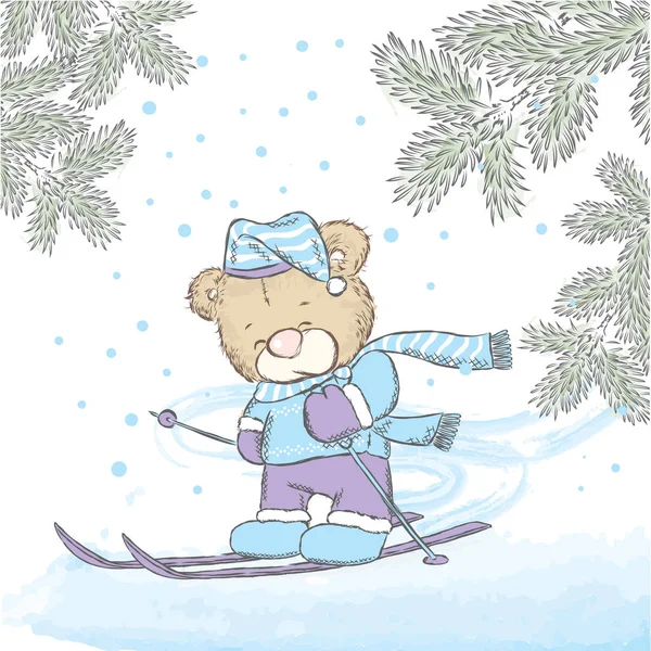 Cute bear skiing. Vector illustration for a card or poster. Print on clothes. New Year's and Christmas. Cute Bear on winter vacation.