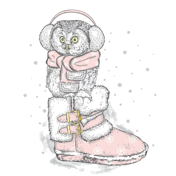 可爱的猫头鹰坐在这双靴子。对于卡或海报的矢量图。在衣服上打印。新年和圣诞节. — 图库矢量图片