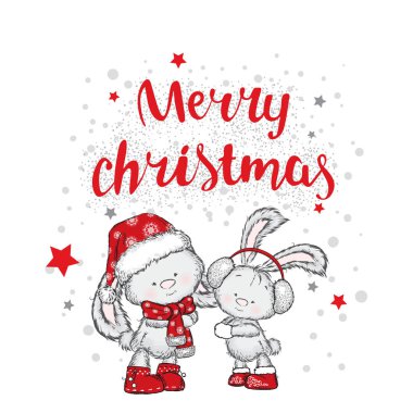 Sevimli tavşanlar Noel şapka ve eşarplar. Bir kartı veya poster için vektör çizim. Yeni yıl ve Noel.