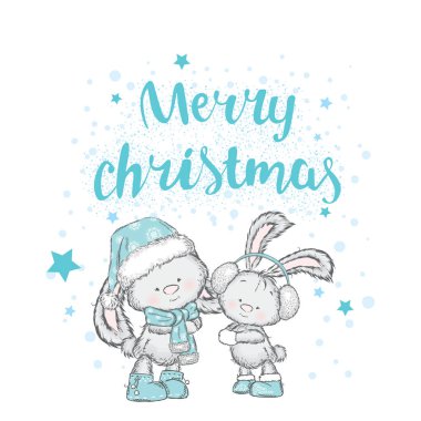 Sevimli tavşanlar Noel şapka ve eşarplar. Bir kartı veya poster için vektör çizim. Yeni yıl ve Noel.