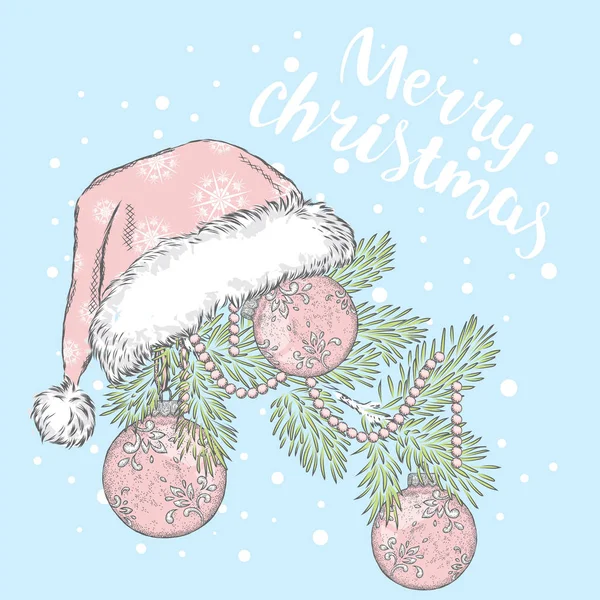 Ramo dell'albero di Natale decorato. Illustrazione vettoriale. Capodanno e Natale. Albero di Natale, palline e perline . — Vettoriale Stock