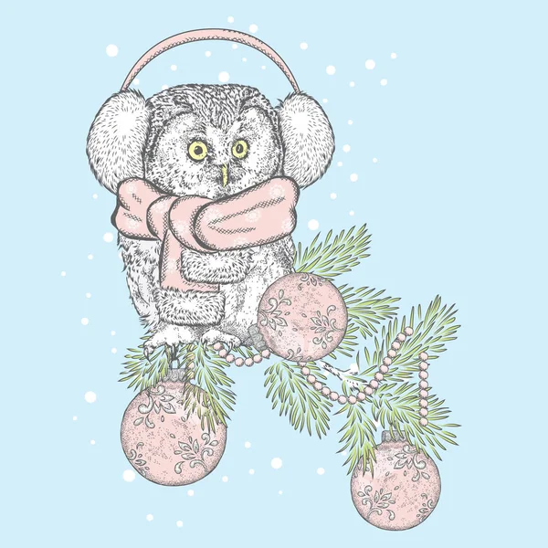Красива сова в шарфі. Птах на гілці різдвяних прикрас. Векторні ілюстрації. Новорічно різдвяний . — стоковий вектор
