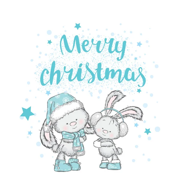 Söta kaniner i jul hattar och sjalar. Vektorillustration för ett kort eller en affisch. Nyår och jul. — Stock vektor