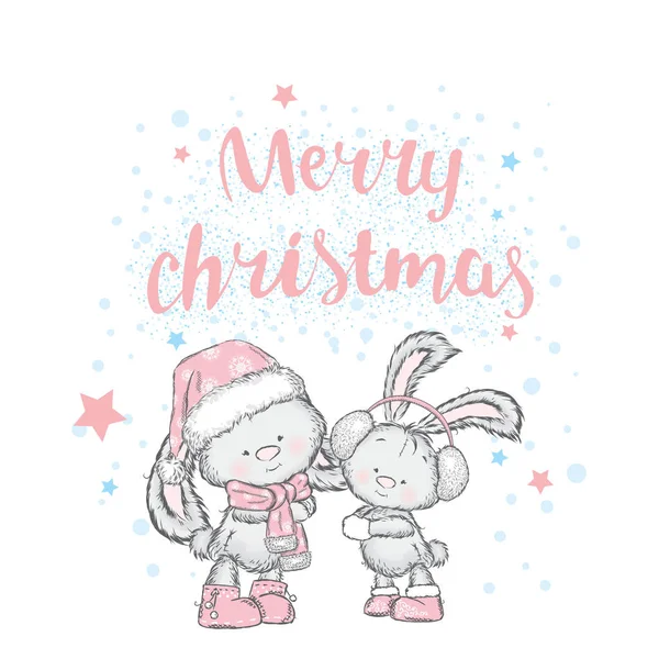 Милі кролики в різдвяних капелюхах і шарфах. Векторні ілюстрації для карти або плаката. Новорічно різдвяний . — стоковий вектор