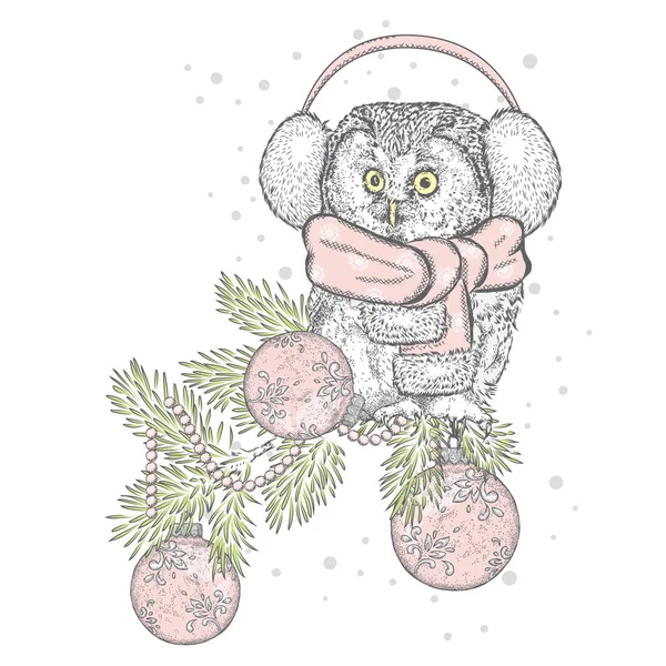 Красива сова в шарфі. Птах на гілці різдвяних прикрас. Векторні ілюстрації. Новорічно різдвяний . — стоковий вектор