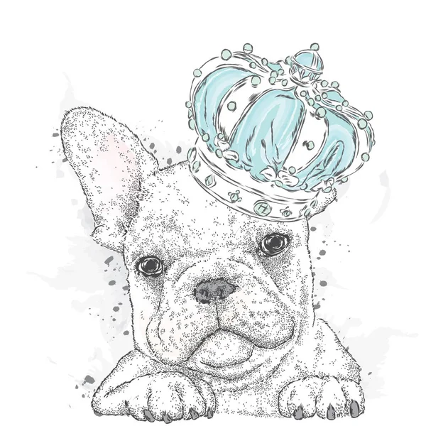 Cute puppy wearing a crown. French Bulldog. Vector illustration. — Stock Vector