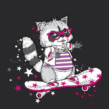 Bir kaykay üzerinde şirin Rakun. Vektör çizim. Rakun spor oynarken. Ekstrem Sporlar. Bir kartı veya poster için rakam. Kıyafetlere yazdırma.