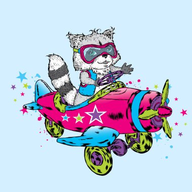 Cute raccoon is flying on an airplane. Vector illustration for a card or poster, print on clothes. Charming animal. clipart