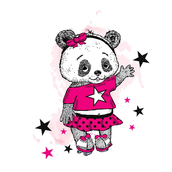 Roztomilý Panda na kolečkových bruslích. Hezká dívka v sukni. Vektorové ilustrace pro kartu nebo plakát. Tisk na oblečení. Dětství. Módní & styl. — Stockový vektor