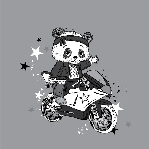 Słodkie panda na motocyklu. Panda - rowerzysta. Funny Bear. Ilustracja wektorowa karty lub plakat. Drukowanie na ubrania. — Wektor stockowy