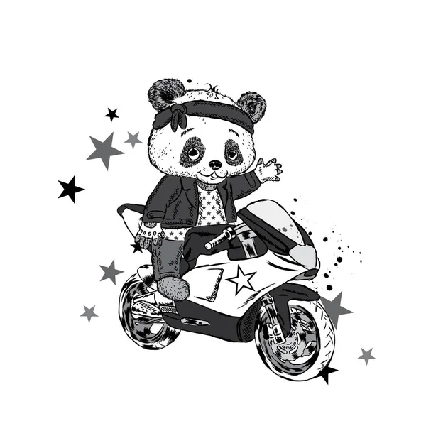 Słodkie panda na motocyklu. Panda - rowerzysta. Funny Bear. Ilustracja wektorowa karty lub plakat. Drukowanie na ubrania. — Wektor stockowy