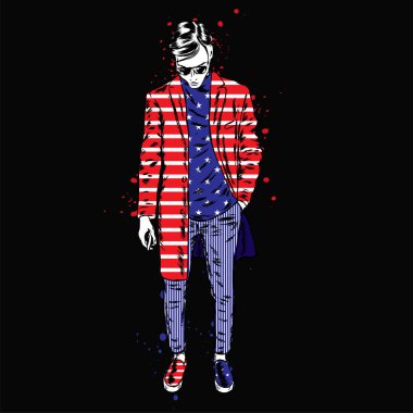 Şık adam bir ceket ve pantolon. Vektör çizim. Moda ve stil. Giysi ve aksesuarları.