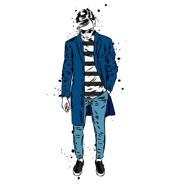 Stijlvolle man in een jas en broek. Vectorillustratie. Fashion & stijl. Kleding en accessoires. — Stockvector