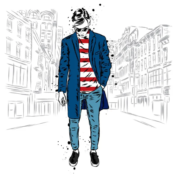 El hombre de estilo en el abrigo y los pantalones. Ilustración vectorial. Moda y estilo. Ropa y accesorios . — Vector de stock
