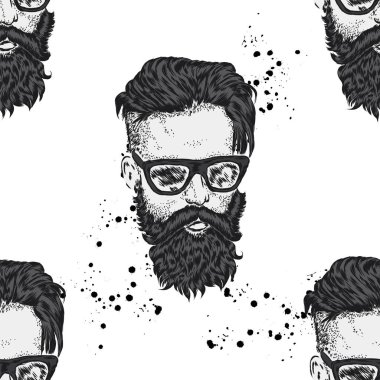Bir sakallı şık adam. Uzun saçlı ve gözlüklü adam. Bir kartı veya poster için vektör çizim. Kıyafetlere yazdırın. Berber Dükkanı. Hipster.