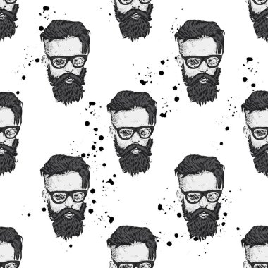 Bir sakallı şık adam. Uzun saçlı ve gözlüklü adam. Bir kartı veya poster için vektör çizim. Kıyafetlere yazdırın. Berber Dükkanı. Hipster.