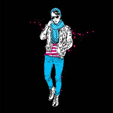 Bir deri ceket, şapka ve atkı yakışıklı genç adam. Bir kartı veya poster, elbiselere yazdırma için vektör çizim. Moda ve stil.