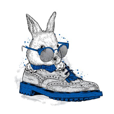 Sevimli tavşan güzel bir ayakkabı. Bir kartı veya poster için vektör çizim. Kıyafetlere yazdırın. Sevimli tavşan.