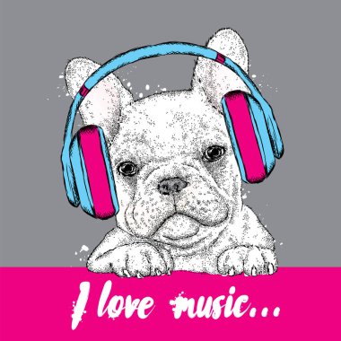 Şirin köpek yavrusu kulaklık takıyor. Bir kartı veya poster için vektör çizim. Kıyafetlere yazdırın. Fransız buldozer. Safkan köpek.