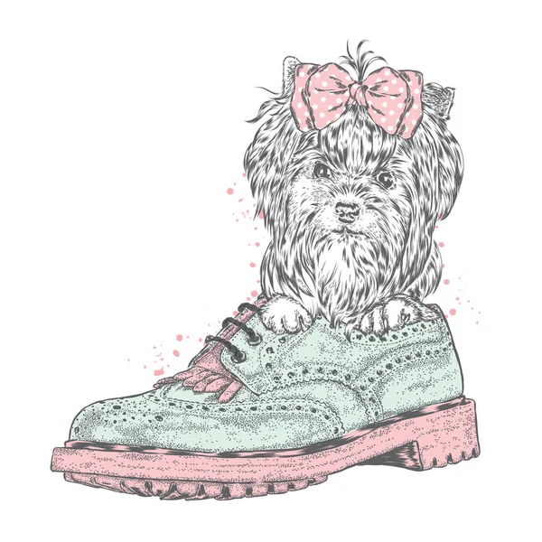 Der süße Welpe sitzt im Kofferraum. Yorkshire Terrier mit einer Verbeugung. Vektorillustration. — Stockvektor