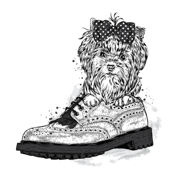 Söt valp sitter i bagageutrymmet. Yorkshire terrier med en rosett. Vektorillustration. — Stock vektor