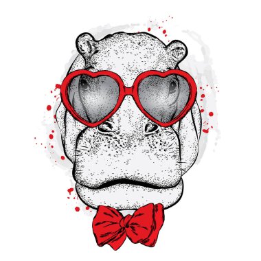 Kalp gözlüklü şirin su aygırı. Vektör çizim. Sevgililer günü.