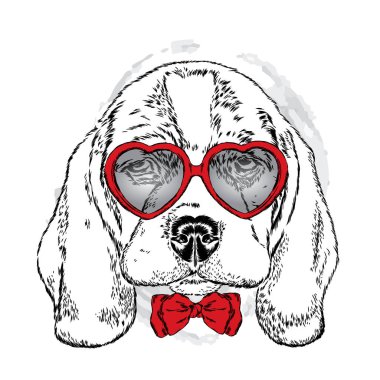 Kalp gözlüklü şirin köpek yavrusu. Bir kartı veya poster için vektör çizim. Sevgililer günü.
