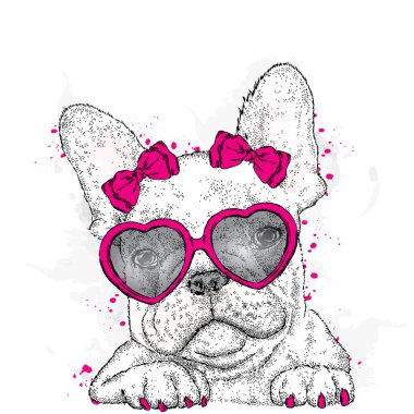 Kalp gözlüklü şirin köpek yavrusu. Bir kartı veya poster için vektör çizim. Sevgililer günü.