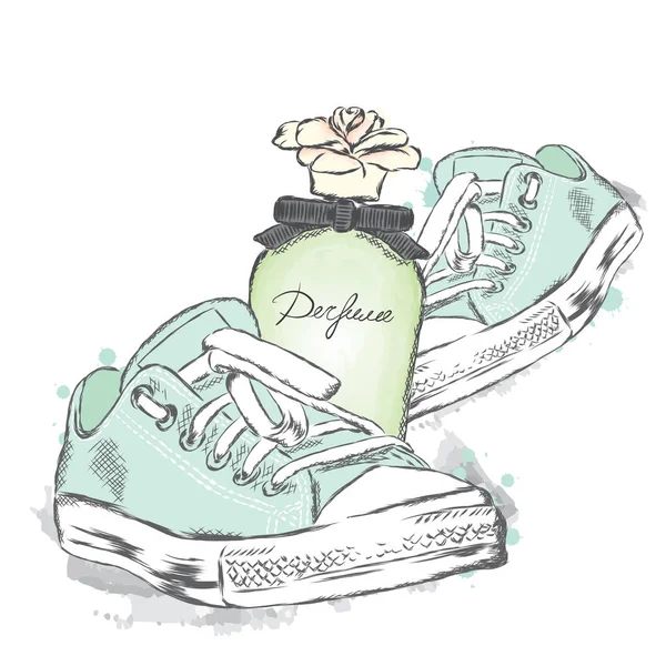 Hermosos zapatos y una botella de perfume. Ilustración vectorial . — Vector de stock